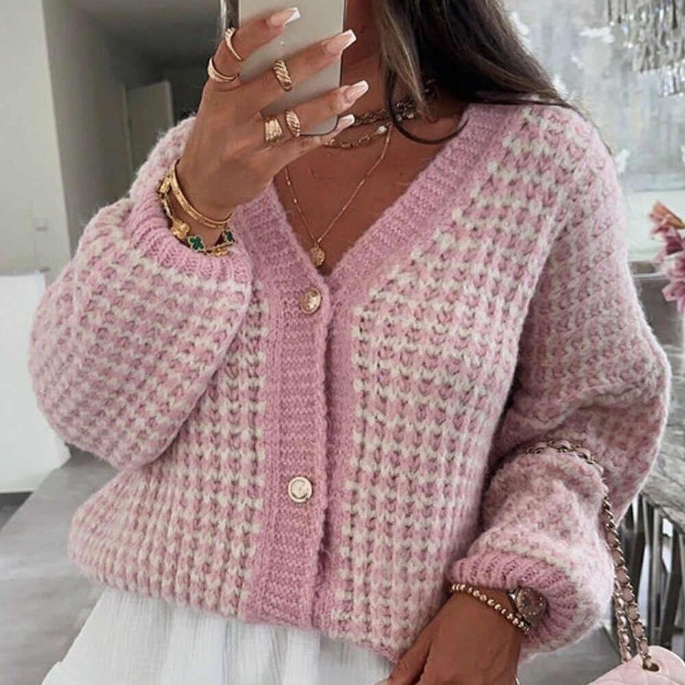 Fall Stylish Women's Plaid Printed V-Neck Button Long sleeved Cardigan